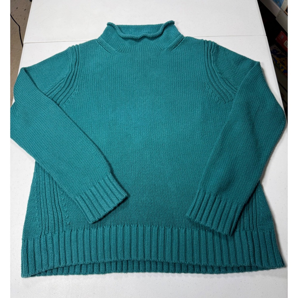 J Crew Oarsman Womens XL Teal Roll Neck 100% Cotton Sweater Fisherman Knit